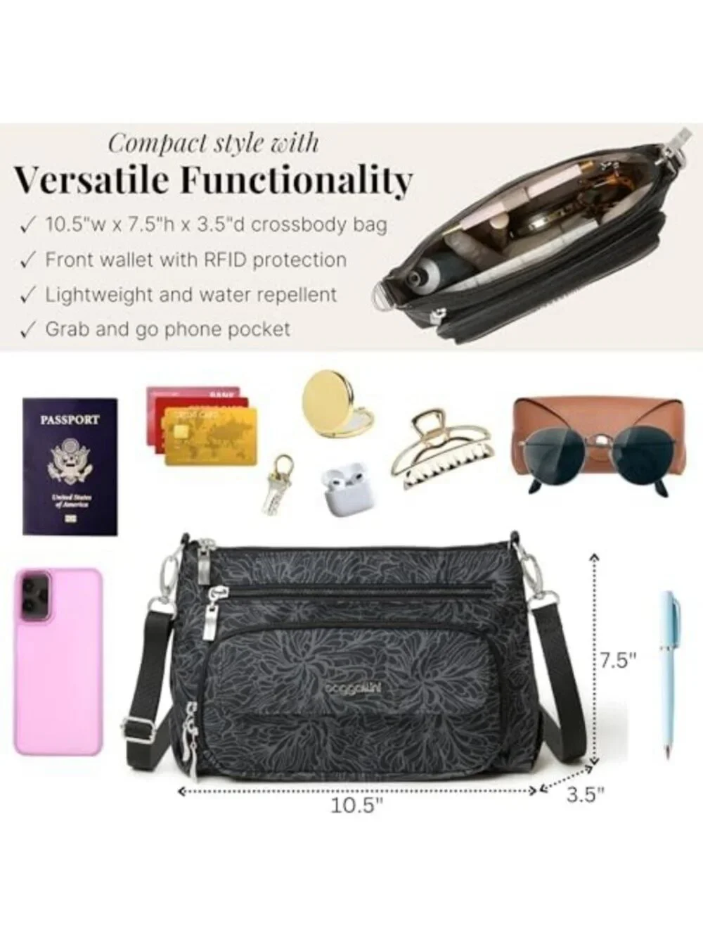 Lightweight RFID Protected Crossbody Bag - 11x7.5 Travel Purse with Zipper